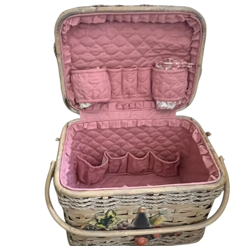 Vintage Large Pastel Rattan Picnic Basket with handles & food blanket